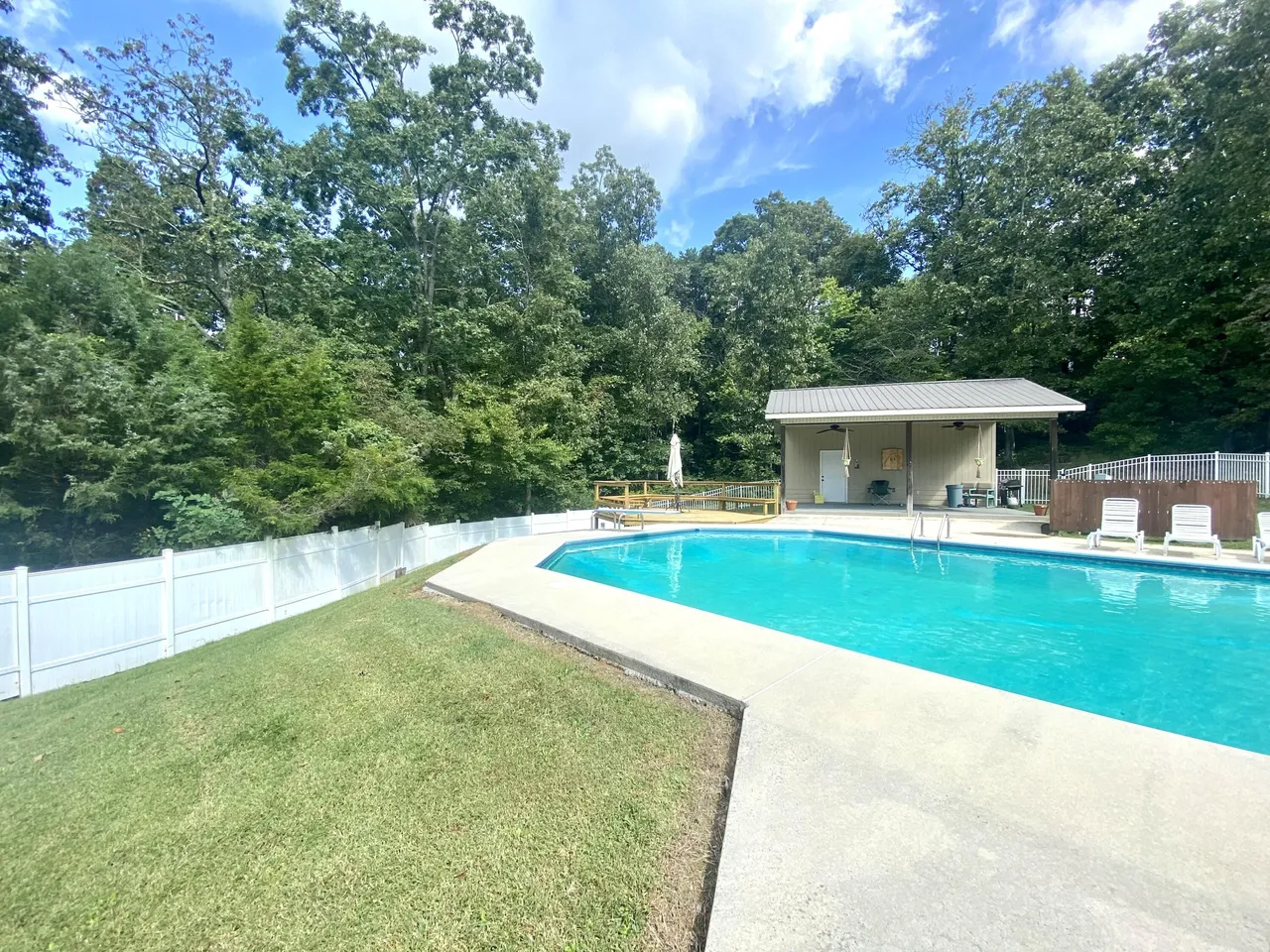 Saltwater pool with pool house and wooded privacy